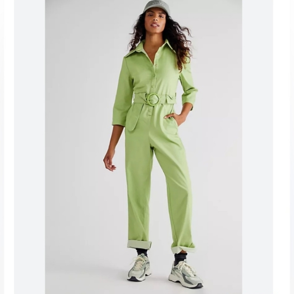 House Of Sunny NWT Golden Years Lime Green Belted 3/4 Sleeves Jumpsuit Sz 8 - Picture 2 of 15